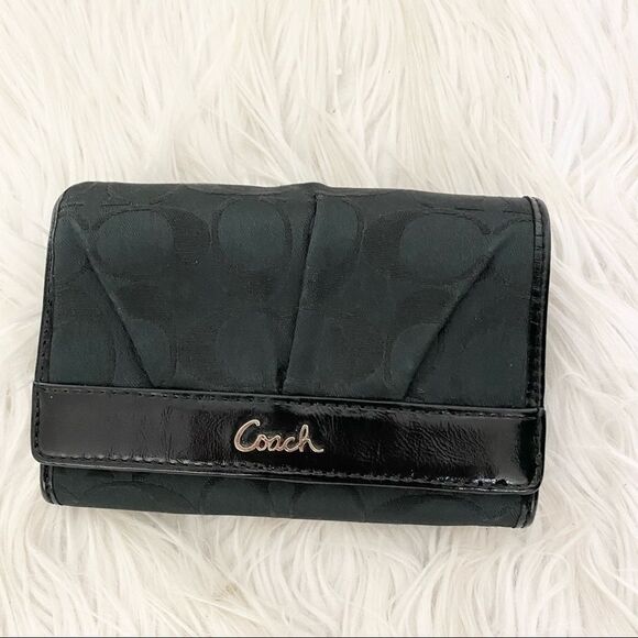 Coach Black Canvas Signature Patent Leather Foldover Wallet - Picture 1 of 9